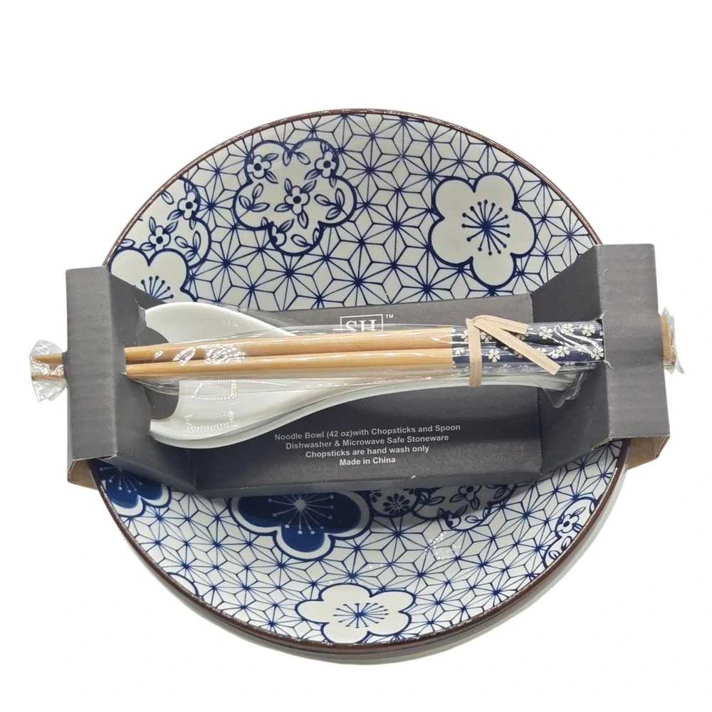 SH Home Blue Floral Ceramic Ramen Noodle Bowl Set of 2 With Chopsticks And Spoon